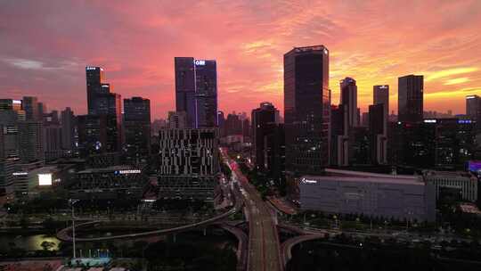 深圳南山区科技园航拍晚霞夜景