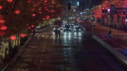 城市街道车流红灯笼喜庆氛围