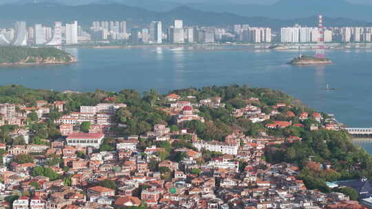 厦门鼓浪屿清晨全景城市风景航拍