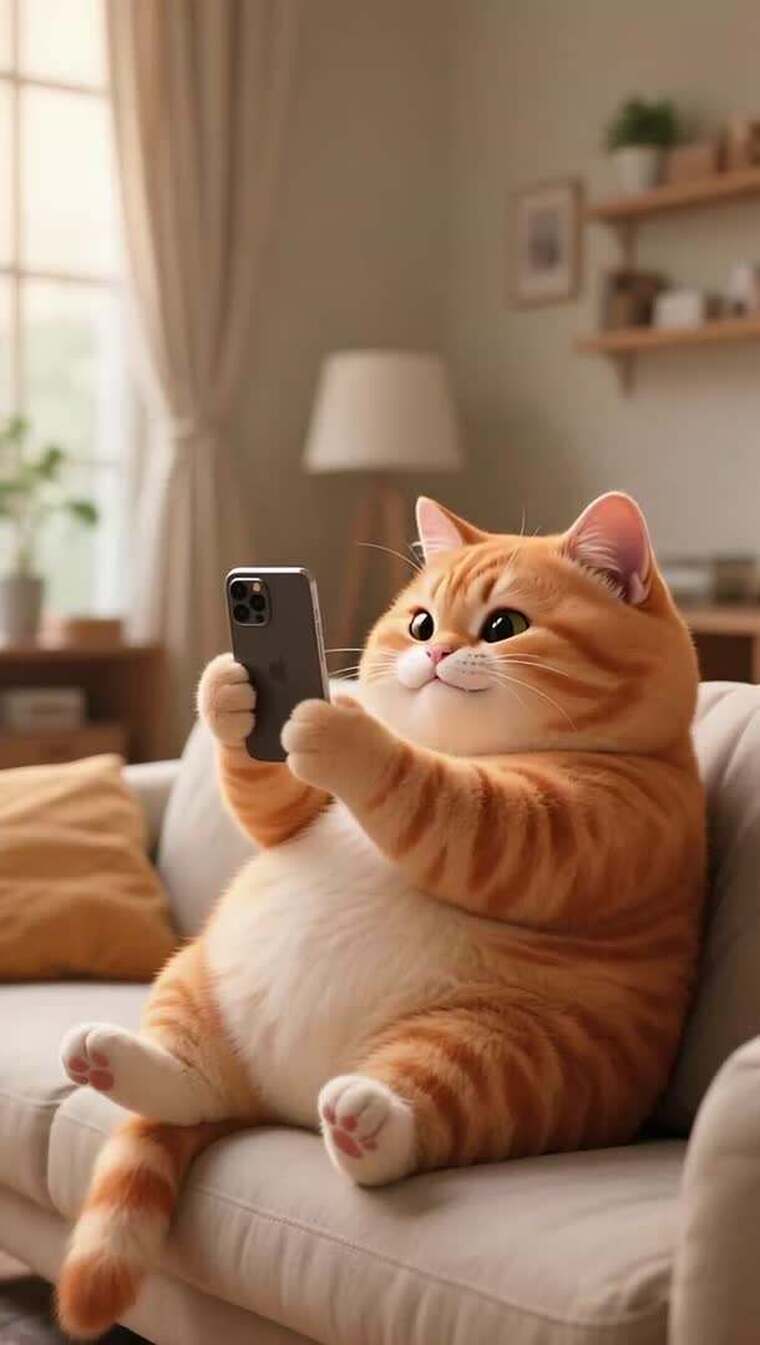 肥猫沙发上玩手机画面