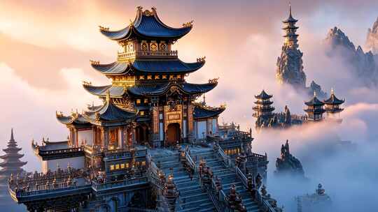 古代宫殿天宫幻境云端建筑山巅楼阁金碧辉煌