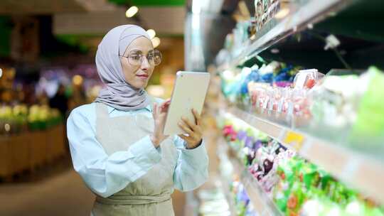 戴着头巾的穆斯林妇女在超市、杂货店或熟食