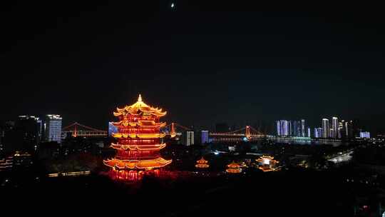 武汉黄鹤楼夜景航拍黄鹤楼风景夜晚建筑风光