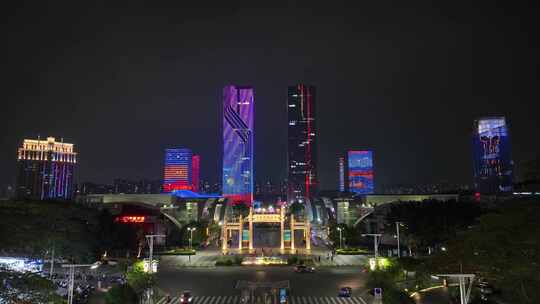 江门五邑华侨广场夜景航拍蓬江万达广场夜景