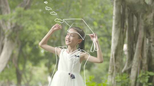 快乐女孩发挥想像力儿童教育虚拟线条博士帽