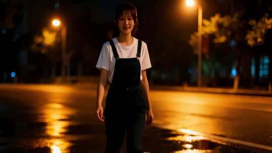 夜晚街道上站立的年轻女孩