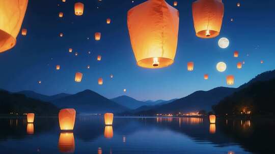 湖面夜空孔明灯放飞场景