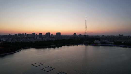 城市夕阳晚霞日落航拍东营日落