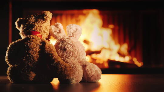 兔子和熊玩偶依偎在壁炉前