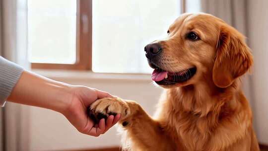 金毛犬握手 人与动物 宠物狗