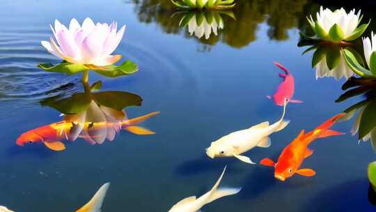 池塘荷花锦鲤游动画面