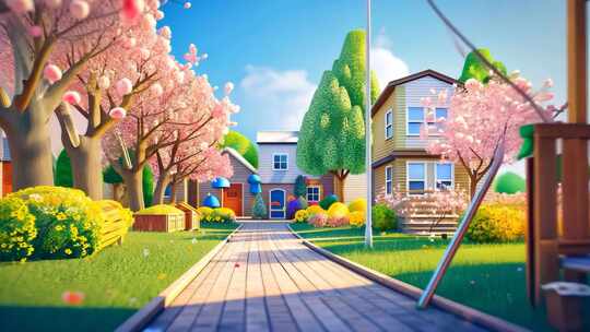 温馨治愈三维卡通场景片头 生日小镇拱桥