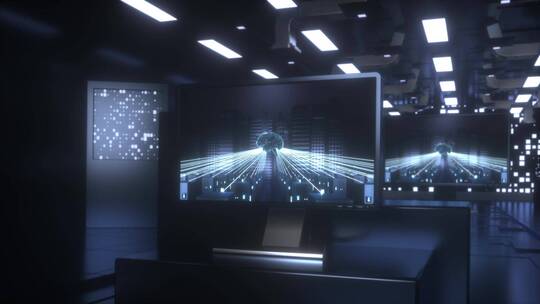 夜晚科技大厅内数字显示屏写实C4D动画