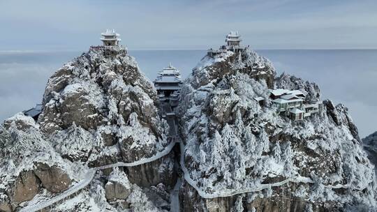 河南老君山冬季雪后云海大气航拍