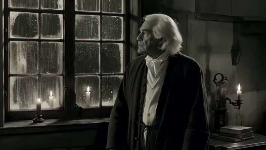 白发老人窗边伫立场景