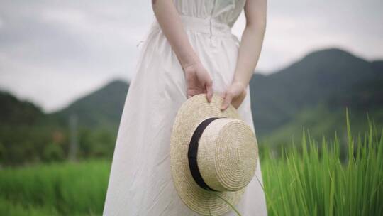 夏季乡村绿色水稻田行走戴帽子美少女人像视频素材模板下载