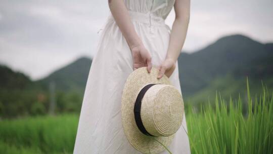 夏季乡村绿色水稻田行走戴帽子美少女人像