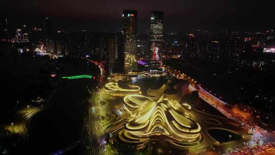 湖南长沙梅溪湖城市夜景航拍风光