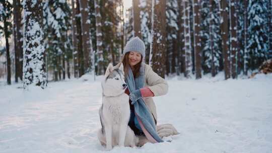 带着宠物狗在落满雪花的森林散步