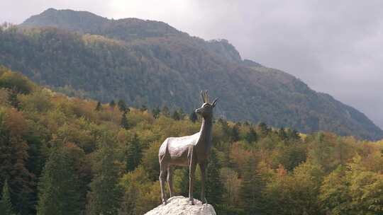 博欣吉湖阿尔卑斯山上的野山羊雕像，背景是沃格尔滑雪胜地和令人眩晕的地方