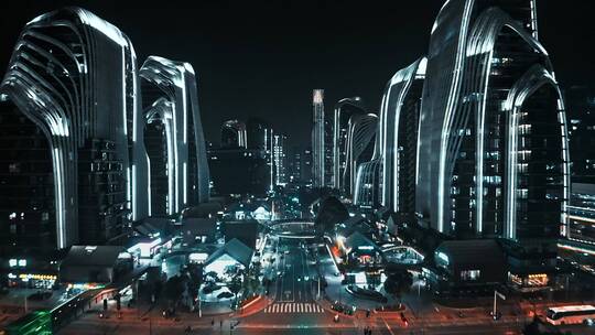 未来科幻城市赛博朋克黑金航拍城市夜景