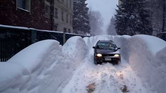 汽车在大雪堆积道路上行驶