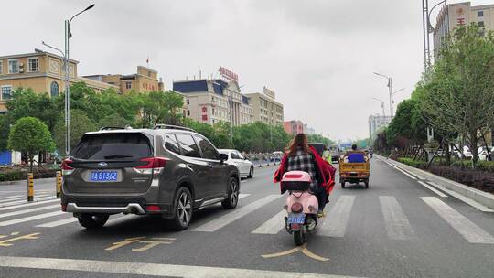 城市道路建筑春天花草树木商铺店面马路汽车