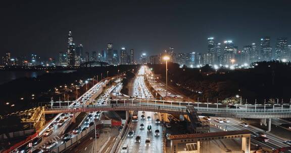 航拍深圳湾超级总部建设进展夜景