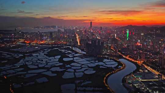 4K航拍深圳市地标建筑晚霞10