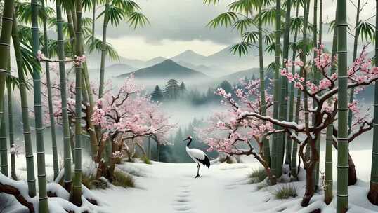 雪境竹林仙鹤古风场景