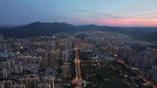 福建龙岩城市夜幕降临晚霞夜景灯光航拍