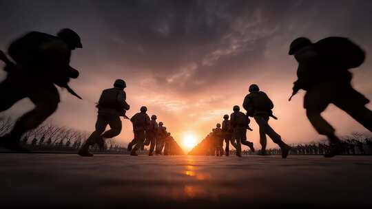 部队官兵迎着晨光奔跑训练