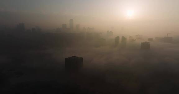 成都早晨平流雾日出城市景观