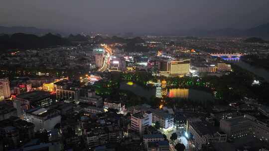 4K航拍广西桂林市区日落夜景风光