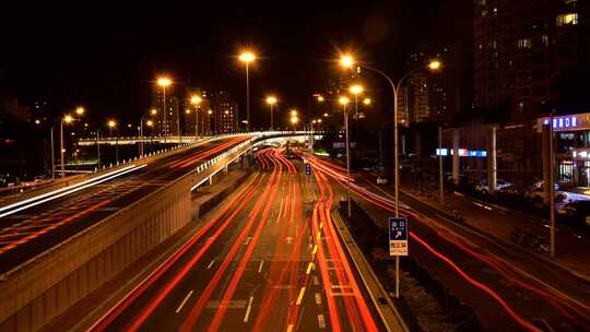 北京三环路紫竹桥车流光轨延时夜景