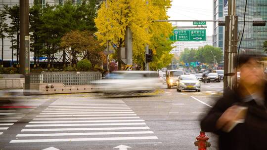 延时拍摄 白天 十字路口的城市交通车流