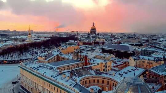 俄罗斯圣彼得堡城市冬日日落全景航拍