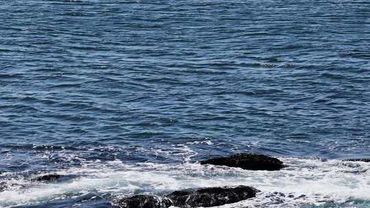 晴朗海面海浪拍打礁石蓝色海洋浪花慢镜头