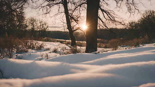 冬天的夕阳和森林雪地