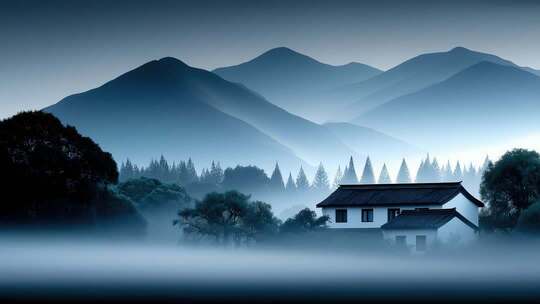 山水雾霭间的中式建筑意境深远