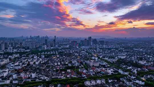 苏州西山高新区城市天际线日落晚霞航拍延时