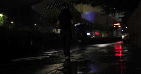 城市雨夜下雨骑车人行人