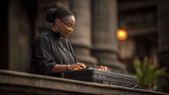 非洲裔女音乐家演奏电子合成器