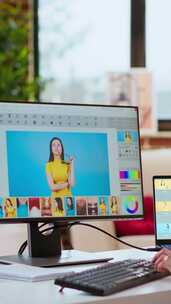 垂直视频亚洲平面设计师使用编辑软件进行照