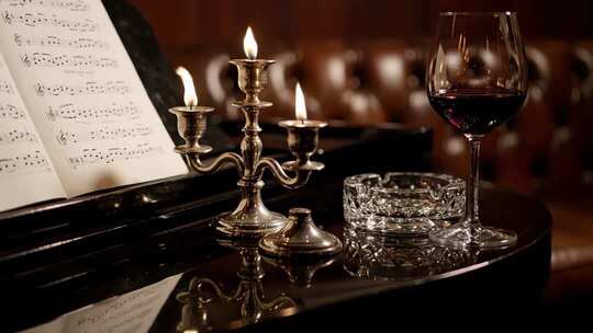 钢琴上的红酒与烛光