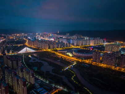 西宁青海体育中心夜景航拍延时