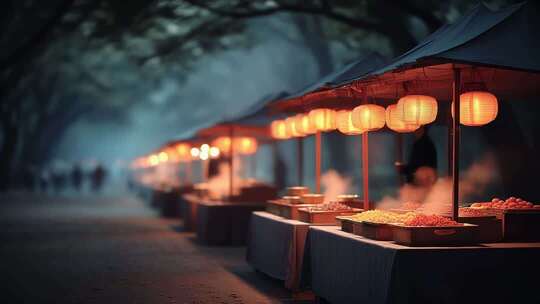 夜幕下的美食街灯火阑珊温暖人间