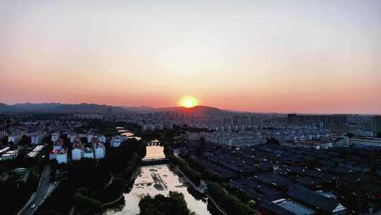 城市日落晚霞夕阳西下山东青州航拍