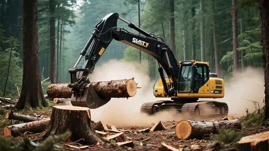 森林中挖掘机搬运原木