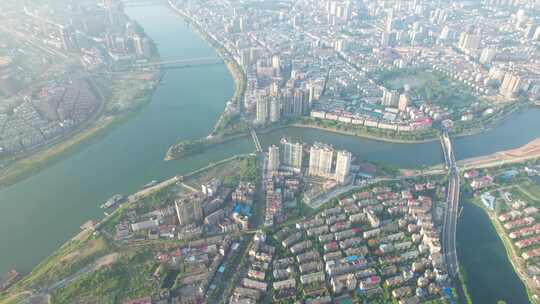 高空鸟瞰衡阳市湘江与蒸水两江交汇城市航拍